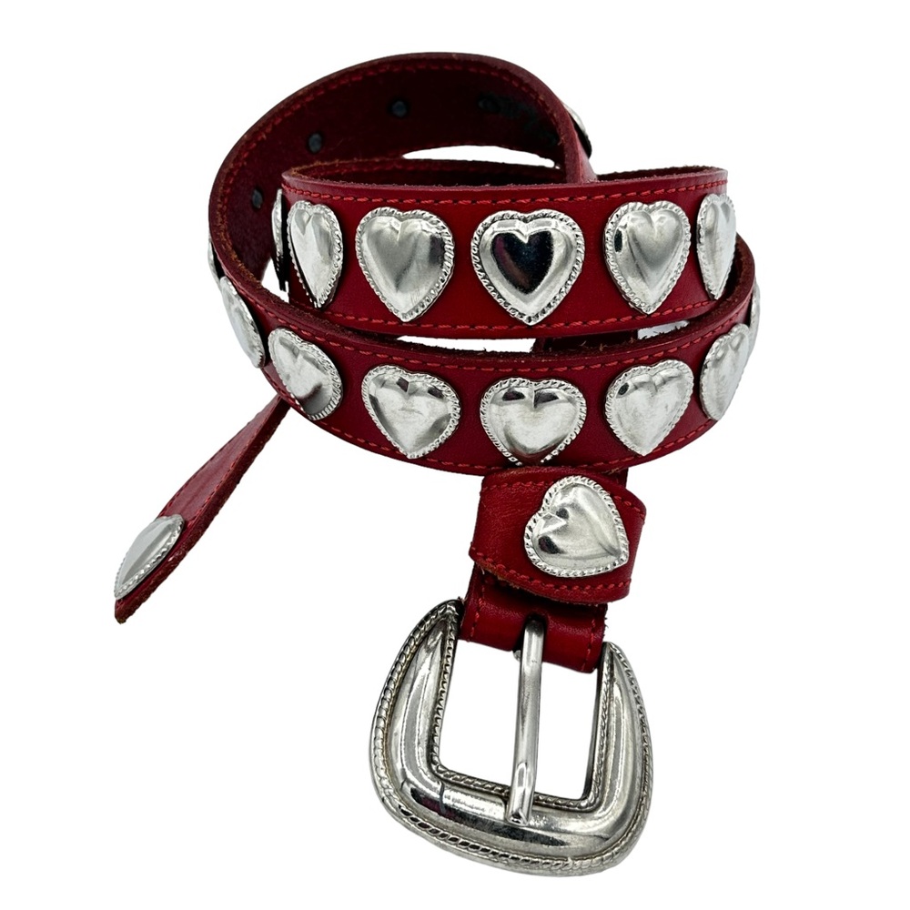 Vintage Skinny Red Leather Western Belt Big Silver Heart Shaped Studs Size Small